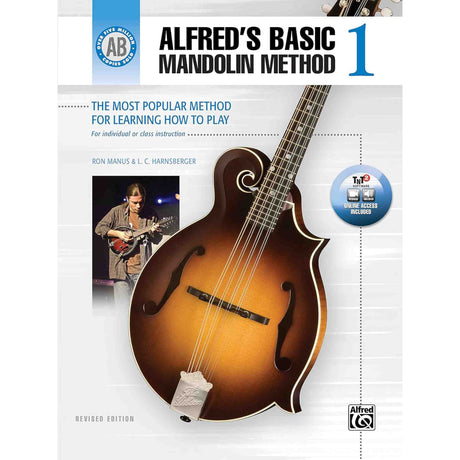 Book cover of 'Alfred's Basic Mandolin Method 1' with a mandolin illustration and text about learning to play mandolin.