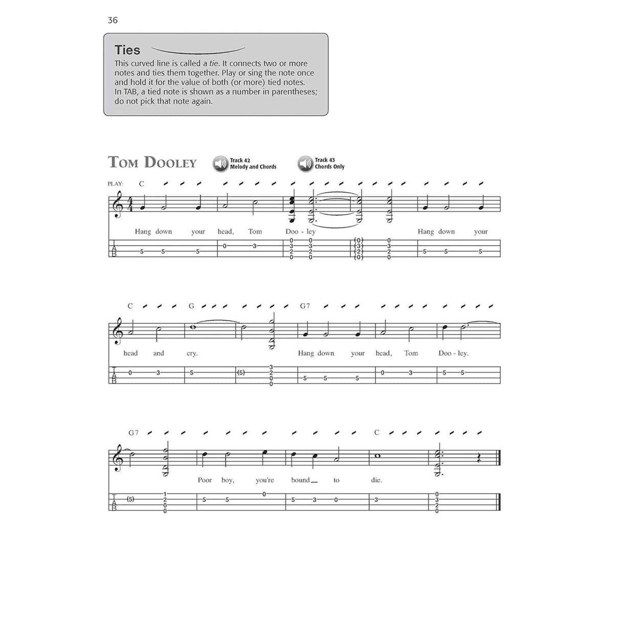 Music sheet for  the'Tom Dooley' with lyrics and Mandolin tab on a white background