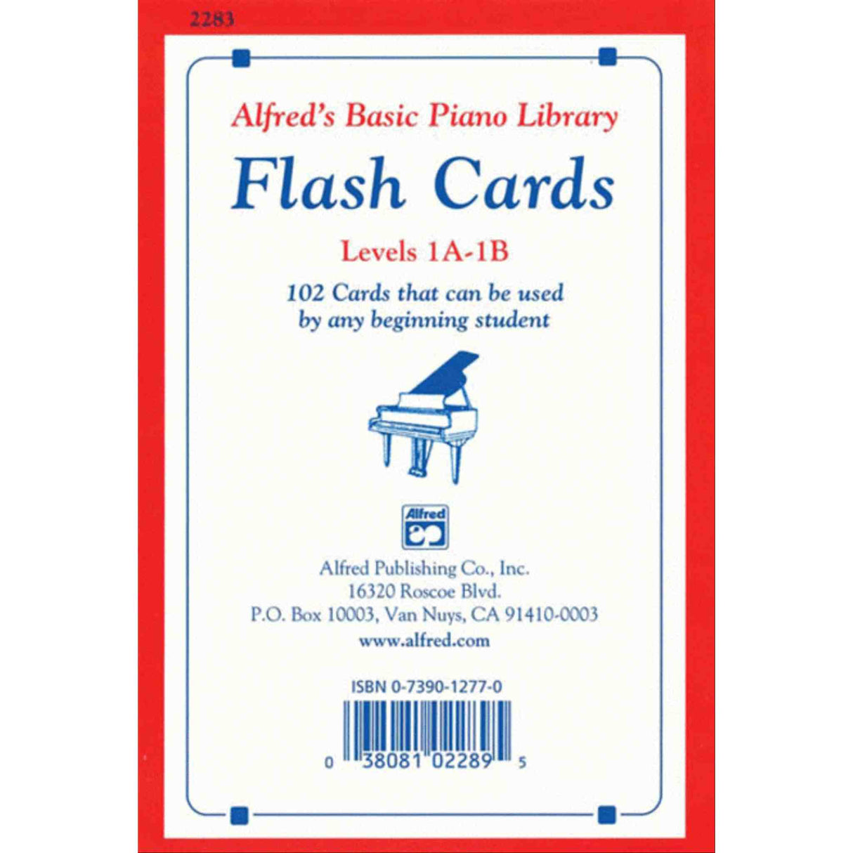 Flash cards packaging for Alfred's Basic Piano Library with piano illustration and text.