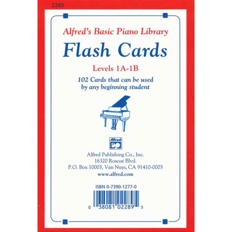 Flash cards packaging for Alfred's Basic Piano Library with piano illustration and text.
