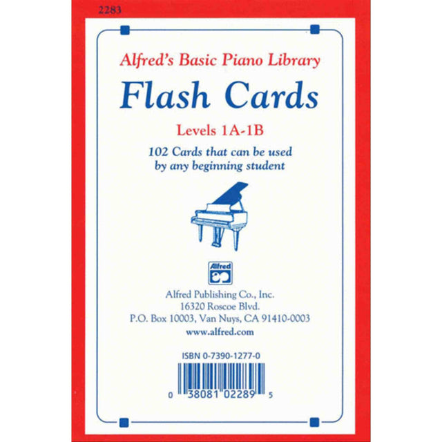 Flash cards packaging for Alfred's Basic Piano Library with piano illustration and text.