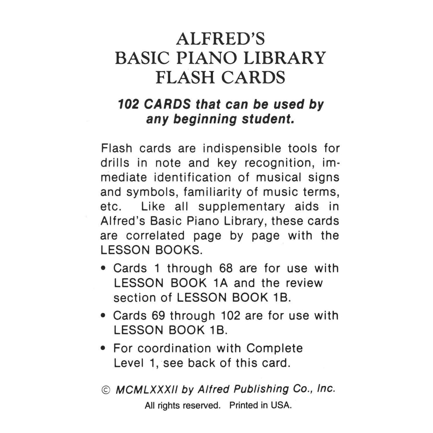 Instructional text about Alfred's Basic Piano Library Flash Cards on a white background