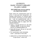 Instructional text about Alfred's Basic Piano Library Flash Cards on a white background