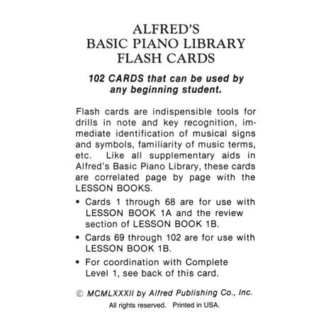 Instructional text about Alfred's Basic Piano Library Flash Cards on a white background