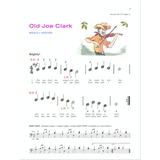The image shows a page from a beginner piano method book featuring the folk tune "Old Joe Clark" in 4/4 time and "Middle C Position." It includes musical notation with fingering for right and left hands, simple rhythms, lyrics, and a duet part with octave or second piano options. A colorful cartoon fiddler in overalls and a hat is illustrated, emphasizing the educational and playful nature of the piece.