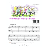The image shows a page of piano sheet music titled "The Boogie Woogie Band!" featuring 4/4 time, "Moderately fast" tempo, treble and bass clefs in G position, with boogie-woogie style notation and fingerings. It includes a colorful cartoon marching band illustration, a small piano keyboard diagram of G and C positions, and a note about uneven quarter notes for a boogie lilt, from a beginner-intermediate piano method book (page 22).