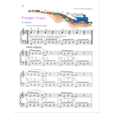 The image shows a sheet music page for the song "Freight Train" from a piano instruction book. It features standard notation in treble and bass clefs marked "Allegro moderato," with instructions to play the right hand an octave lower and gradually increase speed and volume. Lyrics mimic train sounds, and a colorful illustration of a blue freight train with multicolored cars appears at the top.