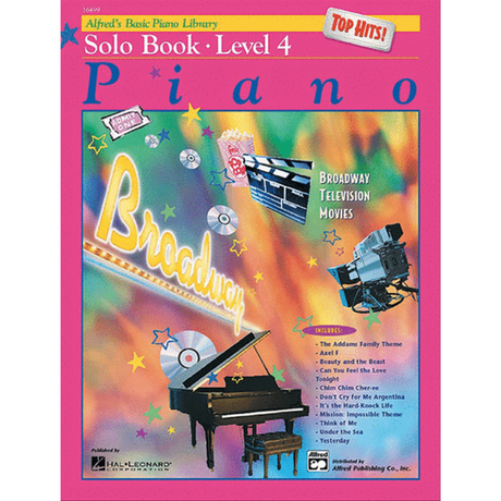 The image shows the cover of Alfred's Basic Piano Library Solo Book Level 4 "Top Hits!" edition, a colorful method book for intermediate piano students. The design features piano, film equipment, CDs, and stars against a rainbow background, highlighting popular songs from Broadway, TV, and movies like The Addams Family Theme, Beauty and the Beast, and Mission: Impossible. Published by Hal Leonard and Alfred Publishing.