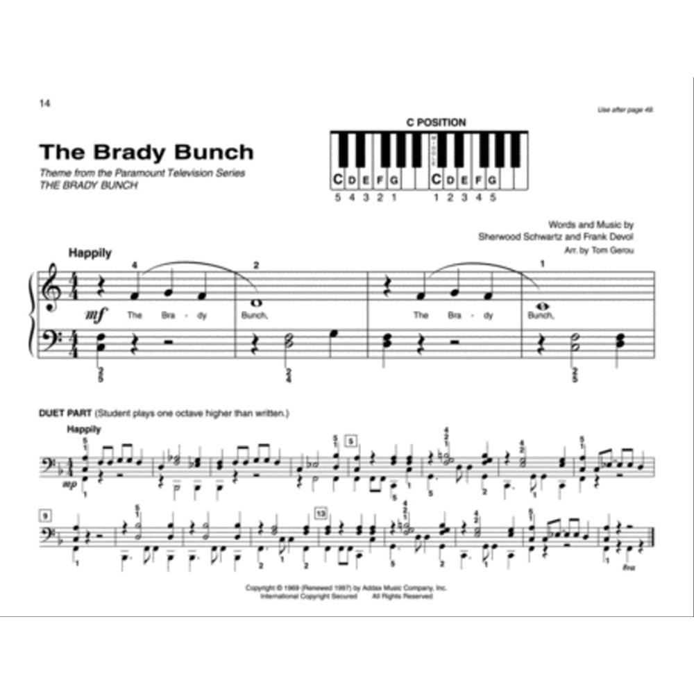 The image shows a sheet music page for "The Brady Bunch" theme, featuring piano parts in treble and bass clefs, a C position keyboard fingering diagram, the melody marked "Happily" with lyrics, and a bass clef duet (student plays an octave higher). Credits include Sherwood Schwartz, Frank Devol, and arranger Tom Gerou. The page is numbered 14, with copyright from 1969/1997 by Addax Music.