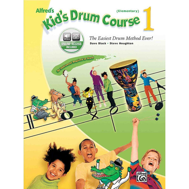 Book cover of 'Alfred's Kid's Drum Course 1' with children playing drums and colorful design.
