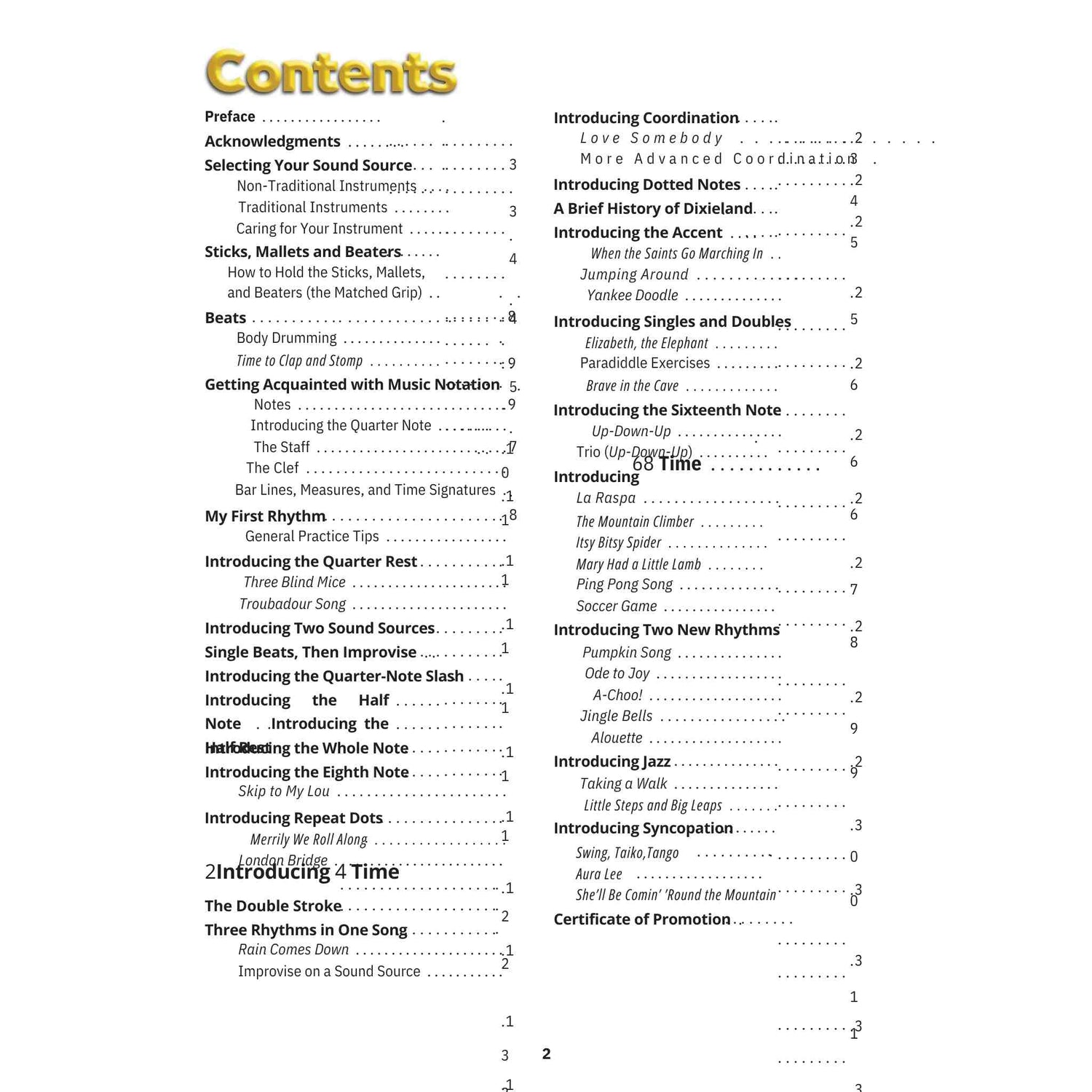 Table of contents for a music instruction book on drumming on a white background