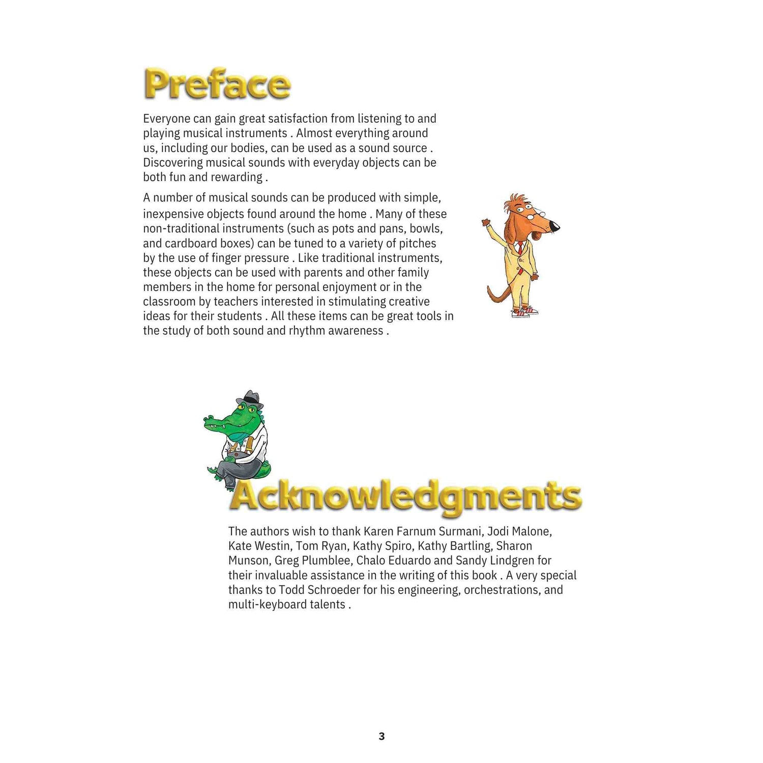 Book page with preface and acknowledgments text, featuring cartoon characters on a white background.