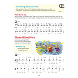 Music sheet with instructions on playing 'Three Blind Mice' on drum and introducing the quarter rest.