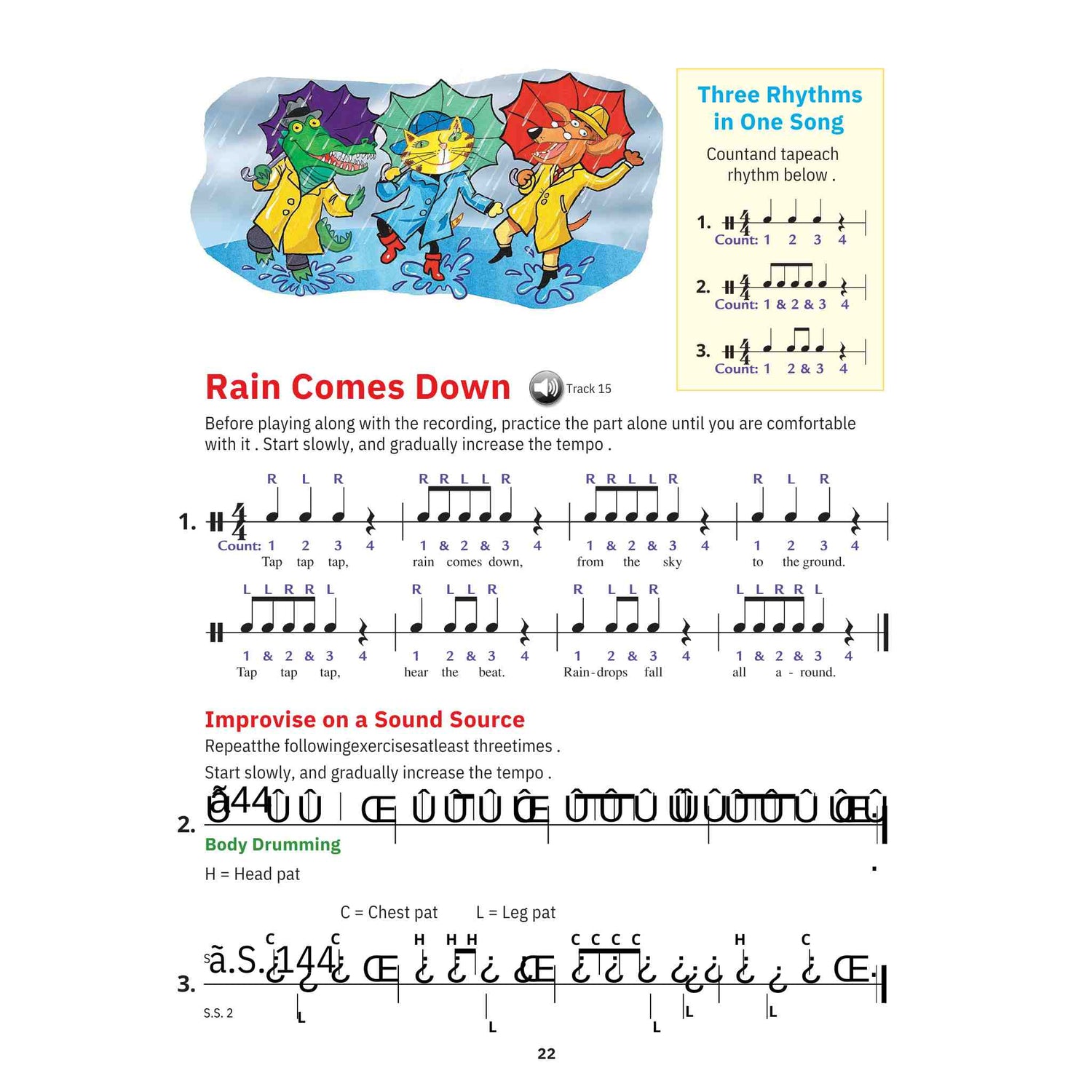 Music sheet for drum with children playing in the rain and musical notation.
