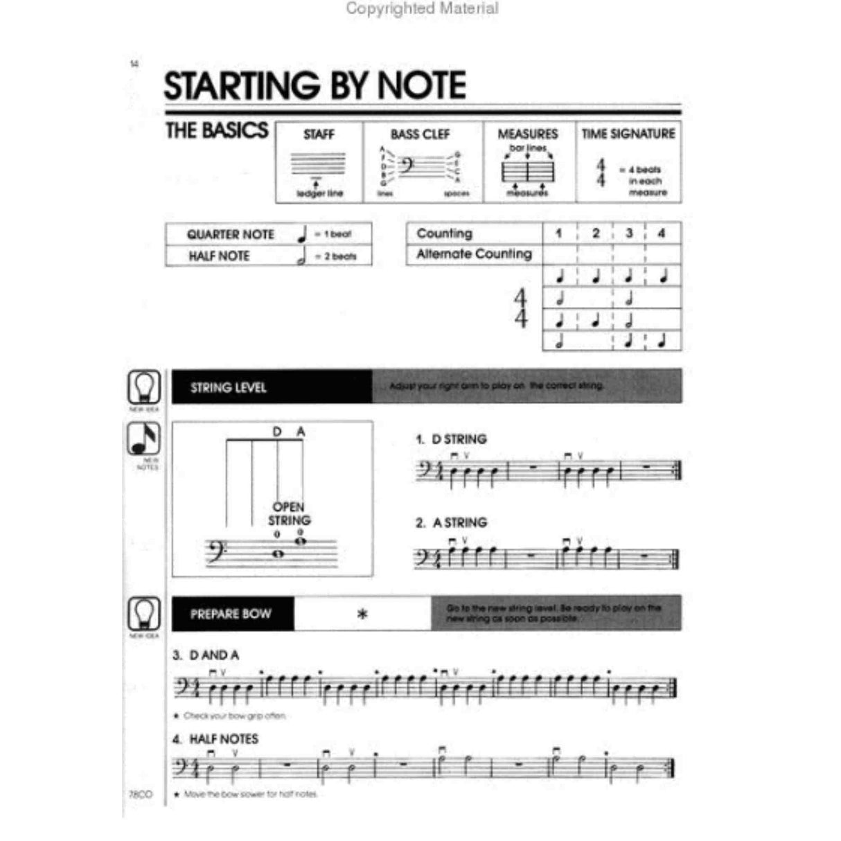 Music theory sheet with notes, time signatures, and string level instructions on a white background.