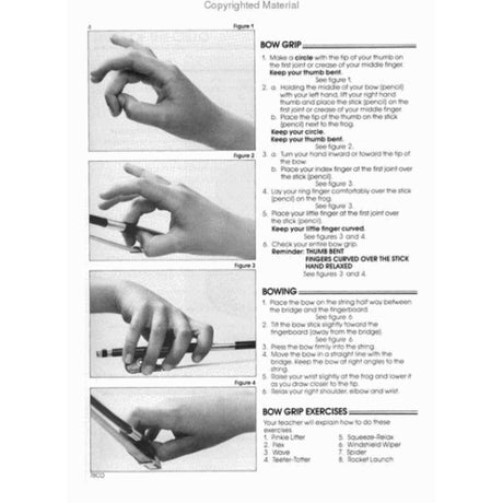 Instructions on cello bow grip and bowing techniques with black and white illustrations of hands holding a bow.