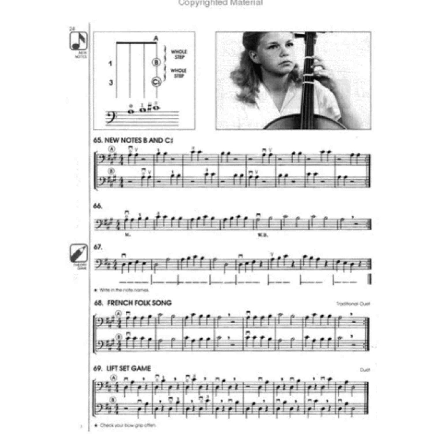 Cello Sheet music with musical notation and a black and white photo of a person playing a cello.