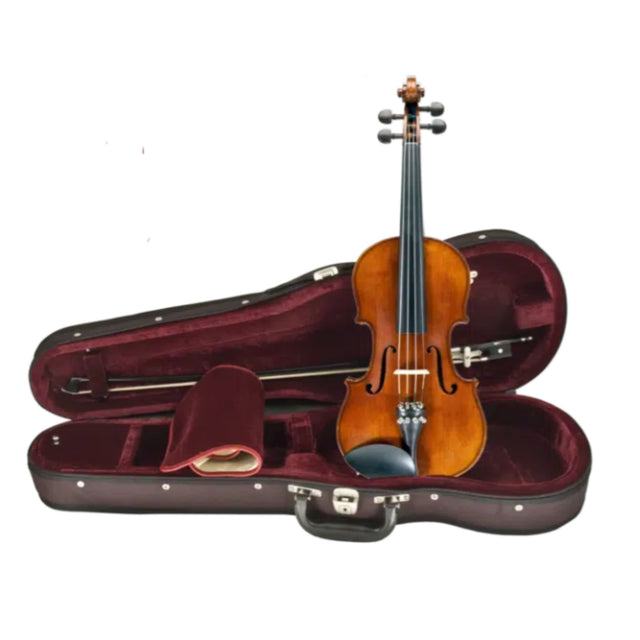 The image shows a violin with an amber-orange finish resting in a fitted hard case lined with dark burgundy plush. The violin features the classic body shape, f-holes, four strings, and tuning pegs at the scroll. The black case has metal latches, a lock, and compartments holding a bow and space for accessories like rosin. This setup is designed to securely protect and transport the instrument and its accessories.