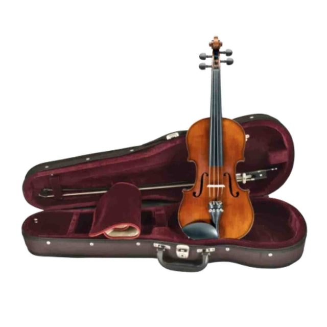 The image shows a full-size amber violin with classic f-holes, bridge, tailpiece, and four tuning pegs, positioned in front of its open black case lined with burgundy velvet. The case features a custom interior holding the violin and a bow, indicating a complete starter set commonly used by students or beginners.
