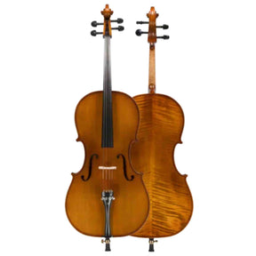 The image shows two acoustic cellos side by side, displaying the front view on the left and back view on the right. Both have a classic amber finish, four strings, tuning pegs, and curved bodies. The back cello highlights a flamed maple grain and full neck with scroll. These traditional wooden instruments feature spruce tops, maple backs and necks, black tuning pegs, and metal tailpieces with fine tuners.