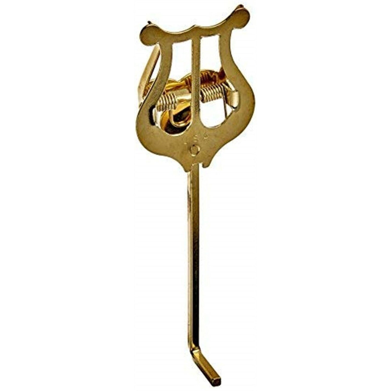 The image shows a brass, lyre-shaped music holder with spring-loaded clips for securing sheet music. Its elegant, curved design is symbolic of music and commonly used by marching band musicians. This stand attaches to brass instruments or mounts separately, allowing performers to read music securely during outdoor or mobile performances.