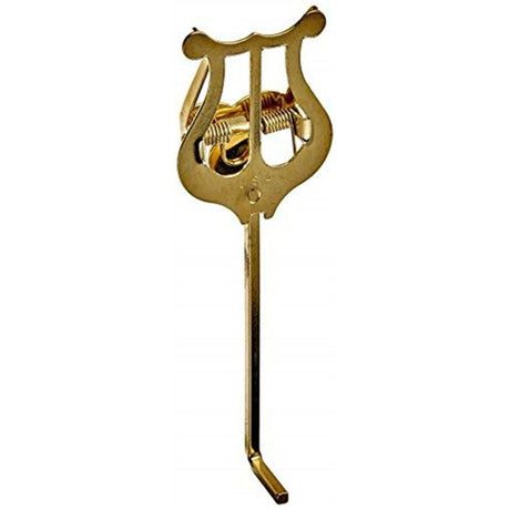 The image shows a brass, lyre-shaped music holder with spring-loaded clips for securing sheet music. Its elegant, curved design is symbolic of music and commonly used by marching band musicians. This stand attaches to brass instruments or mounts separately, allowing performers to read music securely during outdoor or mobile performances.