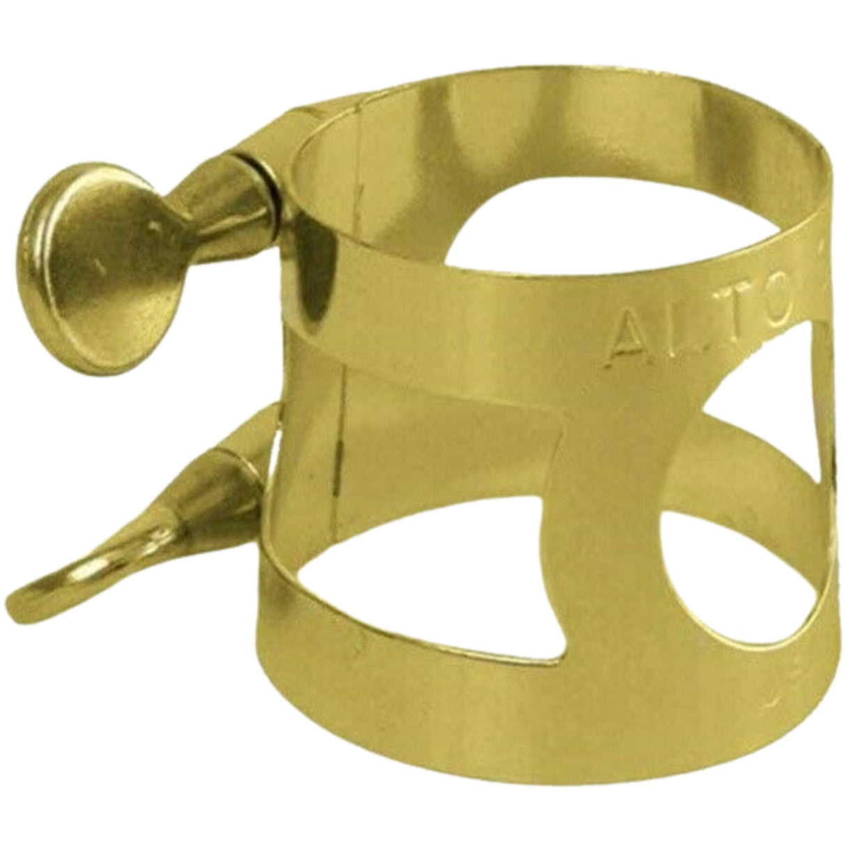 The image shows a brass or gold-colored saxophone ligature designed for an alto saxophone, marked "ALTO." It features a circular band with cut-out sections, a side screw for tightening, and secures the reed to the mouthpiece. The design allows the reed to vibrate freely, ensuring proper positioning for sound quality. This professional-grade ligature likely has a lacquered finish typical of quality woodwind accessories.
