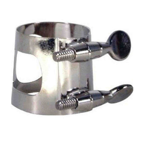 The image shows a polished metal saxophone ligature with a cylindrical band and two adjustment screws. Designed for saxophones and clarinets, it secures the reed to the mouthpiece, allowing players to fine-tune reed pressure and positioning. Its professional-grade, sleek design enhances tone, response, and playability by ensuring consistent reed contact and precise vibration control.