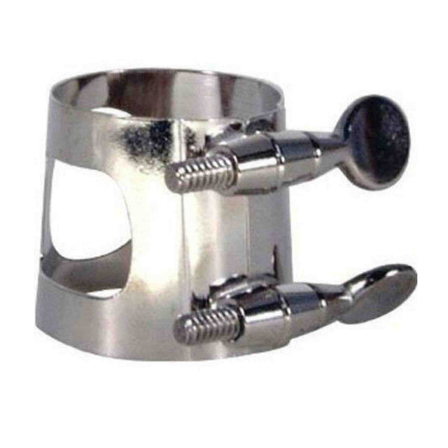 The image shows a polished metal saxophone ligature with a cylindrical band and two adjustment screws. Designed for saxophones and clarinets, it secures the reed to the mouthpiece, allowing players to fine-tune reed pressure and positioning. Its professional-grade, sleek design enhances tone, response, and playability by ensuring consistent reed contact and precise vibration control.
