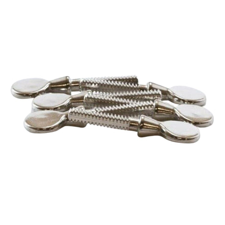 The image shows four metal tailpiece adjusters or fine tuners, commonly used on string instruments like violins, violas, or cellos. Each has a threaded shaft with flat oval plates on both ends, featuring a shiny, nickel- or chrome-plated finish. These components attach to the tailpiece to allow precise tuning adjustments of individual strings for accurate intonation.