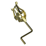 The image shows a brass-colored lyre-shaped music holder with curved arms and a Z-shaped bent rod. Designed to clip and secure sheet music on stands, it is commonly used by marching band and orchestral musicians. The elegant, functional design includes an adjustable joint for optimal positioning, and its polished finish complements brass instruments and other musical equipment.