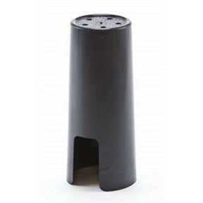 The image shows a black clarinet mouthpiece, likely made of hard rubber or ebonite. It features a cylindrical shape with a flat table for reed attachment and a visible ligature groove for securing the reed. The bottom opening connects to the clarinet barrel. As a key woodwind component, the mouthpiece greatly influences the clarinet’s tone, intonation, and playability.