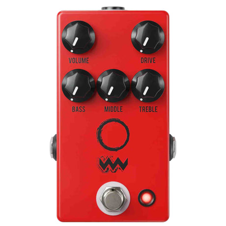 Red guitar effects pedal with black knobs and visible brand logo on a white background