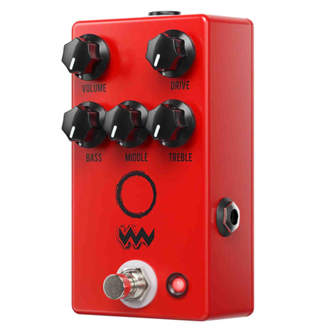 Red guitar effects pedal with black knobs and visible brand logo on a white background