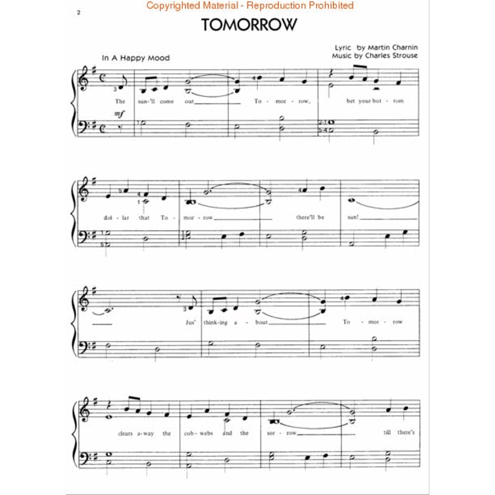 The image shows page 2 of the sheet music for "Tomorrow" from the musical *Annie*, featuring a piano/vocal arrangement. It includes the title, lyrics by Martin Charnin, music by Charles Strouse, a tempo marking "In A Happy Mood," standard notation with lyrics, and piano accompaniment on a grand staff. A copyright notice warns against reproduction.