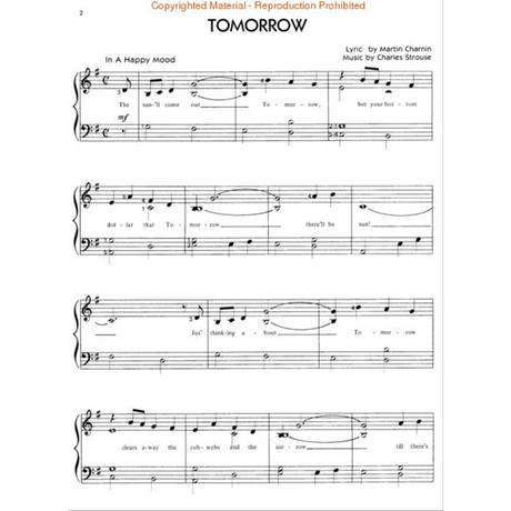 The image shows page 2 of the sheet music for "Tomorrow" from the musical *Annie*, featuring a piano/vocal arrangement. It includes the title, lyrics by Martin Charnin, music by Charles Strouse, a tempo marking "In A Happy Mood," standard notation with lyrics, and piano accompaniment on a grand staff. A copyright notice warns against reproduction.