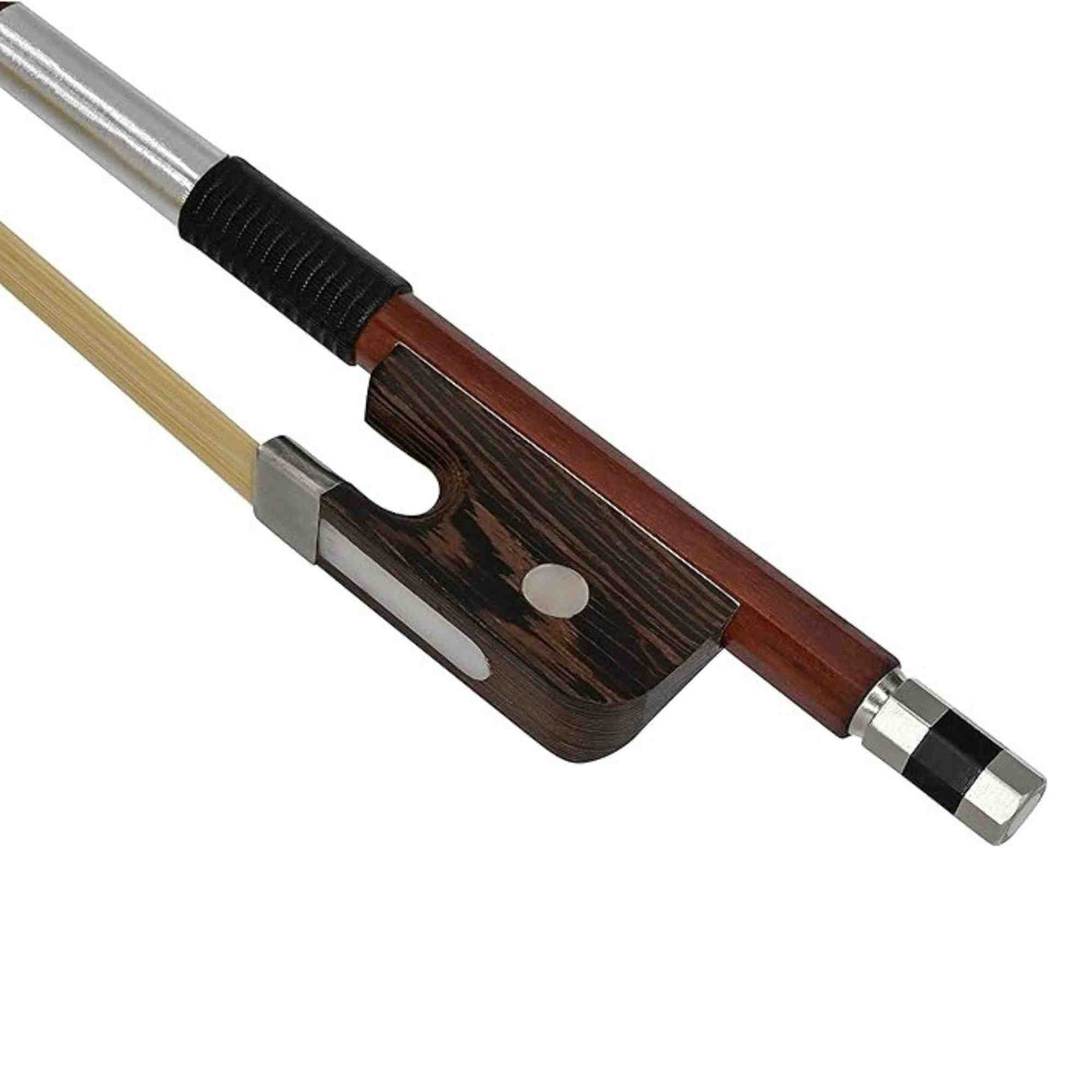 Anton Brenton AB-100B Brazilwood Student French Bass bow with wooden frog and silver metal parts on a white background