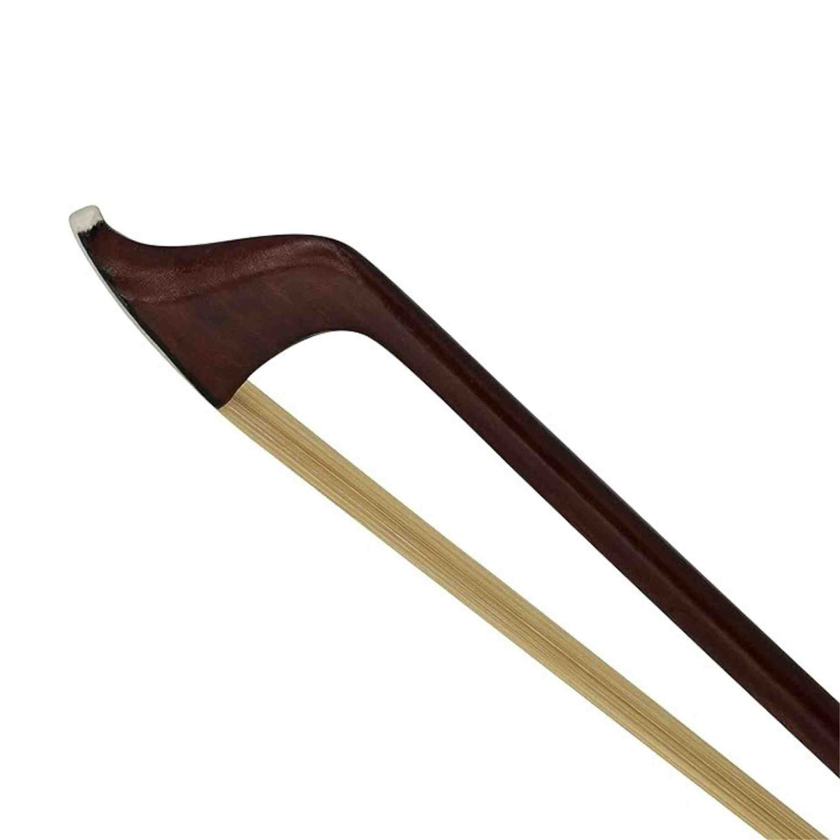 Cello bow with brown frog and white hair on a white background