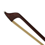 Cello bow with brown frog and white hair on a white background