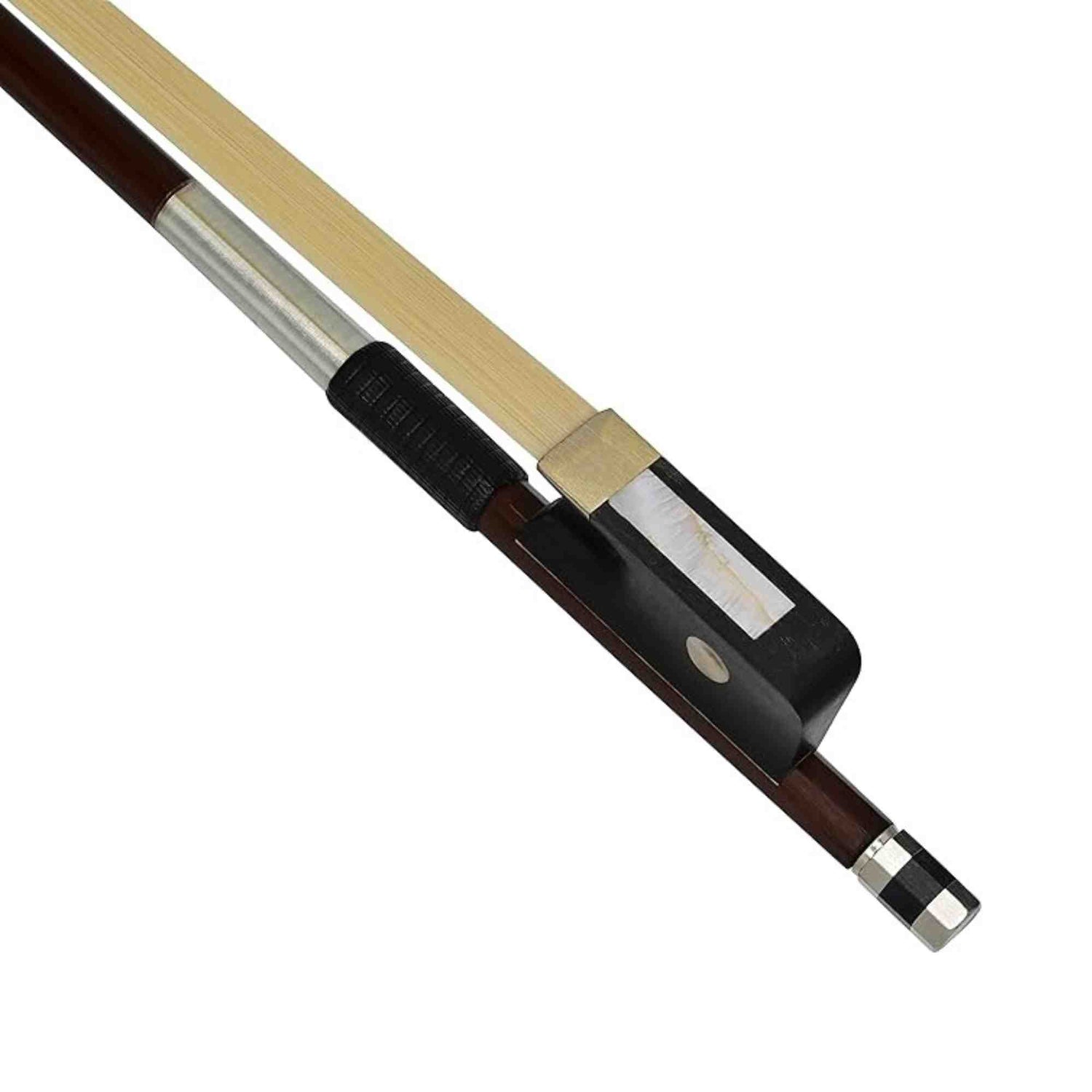 Cello bow with brown frog on a white background
