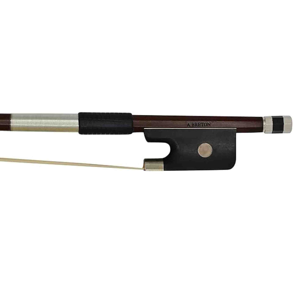 Cello bow with black frog and silver ferrule on a white background