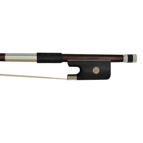 Cello bow with black frog and silver ferrule on a white background
