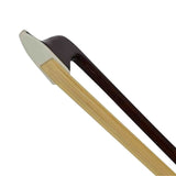 Cello Bow with a brown handle and white fletching on a white background
