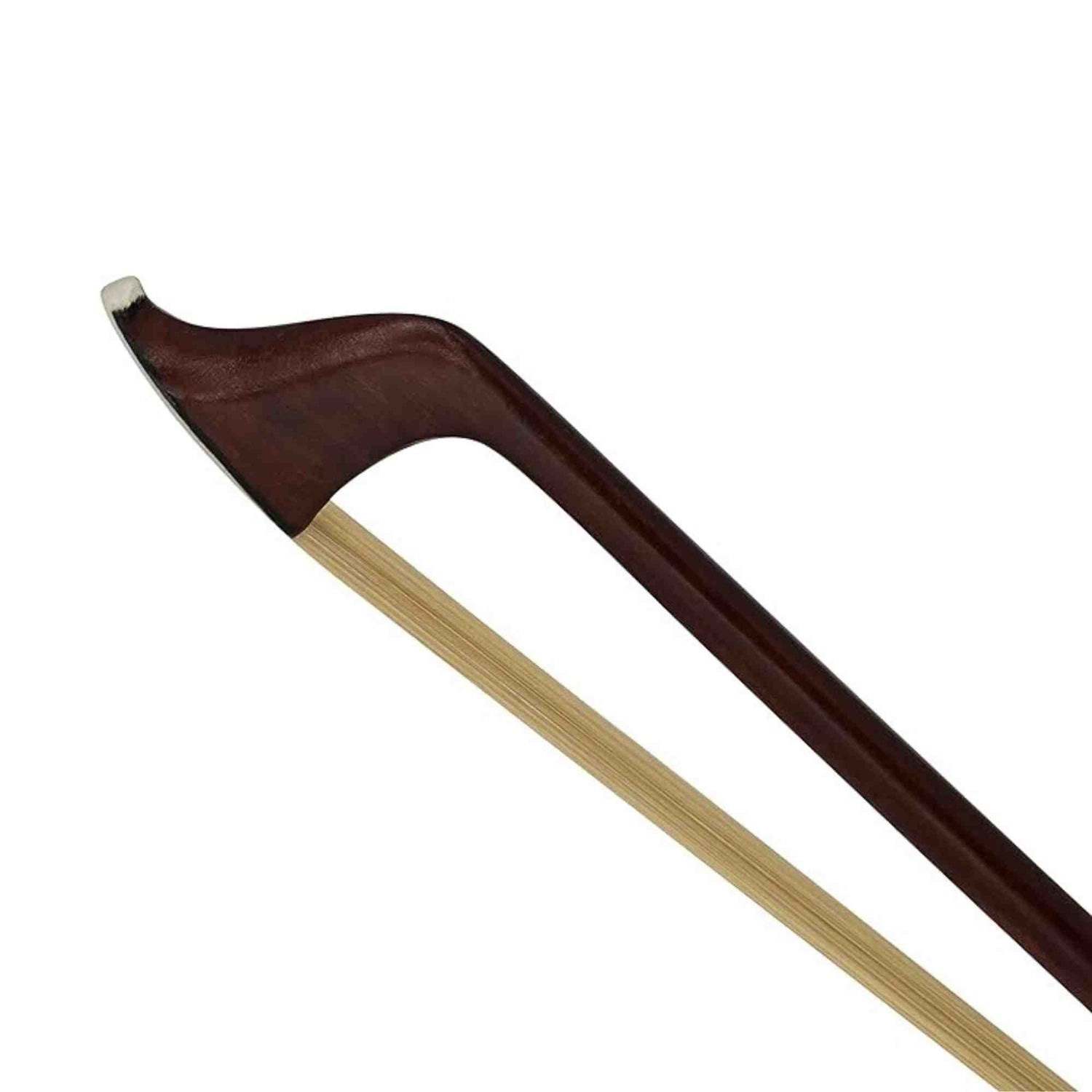 Cello bow with brown frog and white hair on a white background