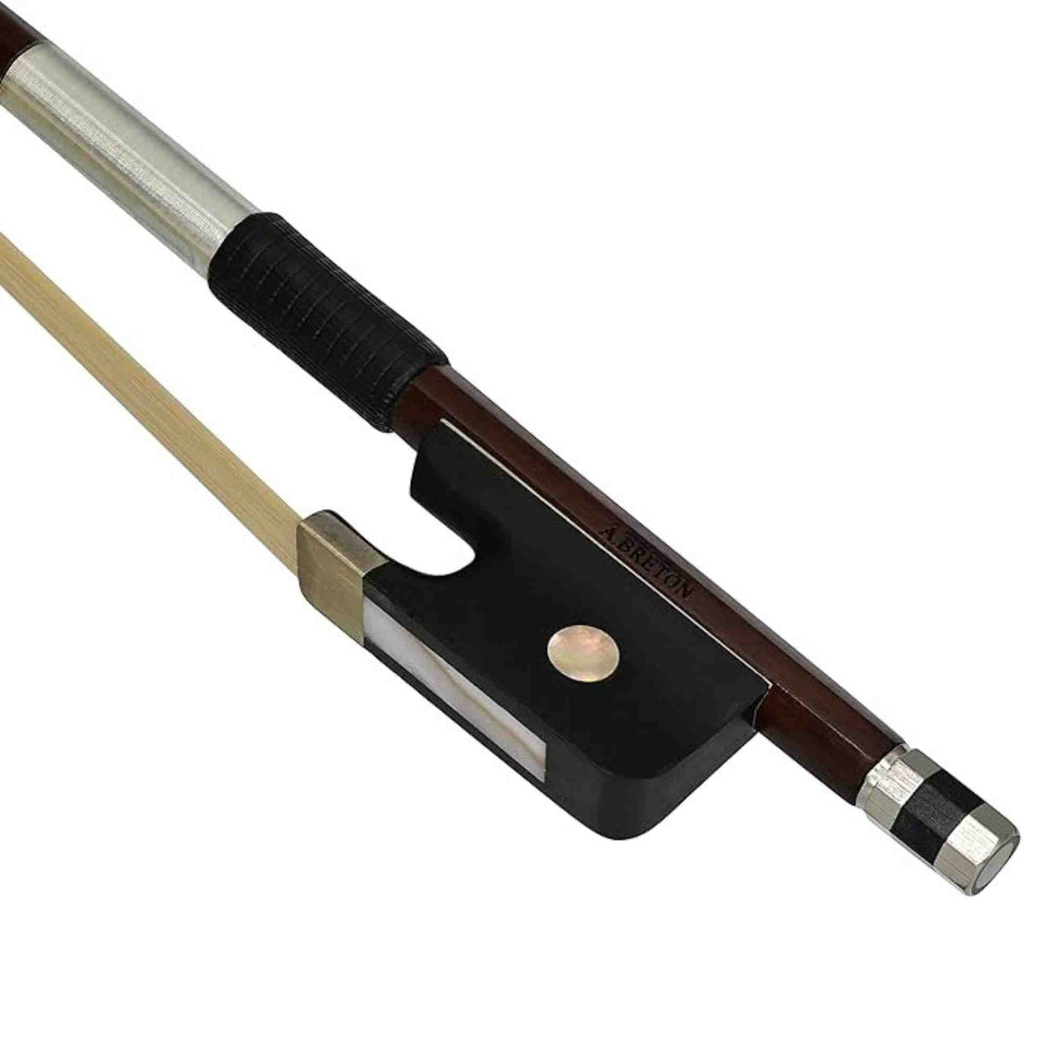 Cello bow 3/4 size with brown frog and white hair on a white background