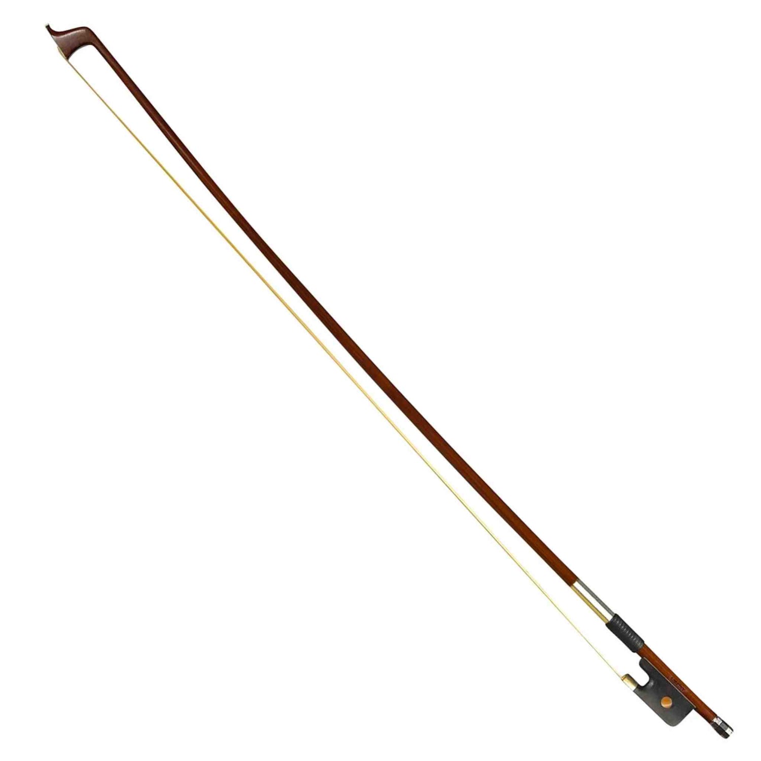 4/4 size Cello bow with brown stick and white hair on a white background