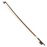 4/4 size Cello bow with brown stick and white hair on a white background