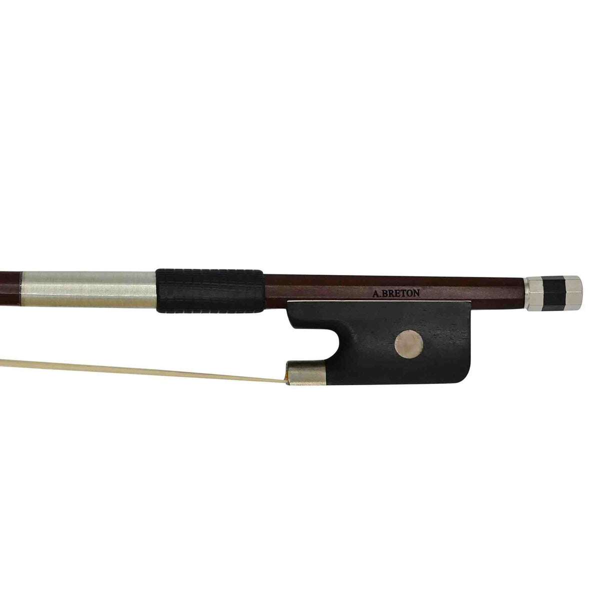 Anton Breton 4/4 size cello bow with brown frog and white hair on a white background