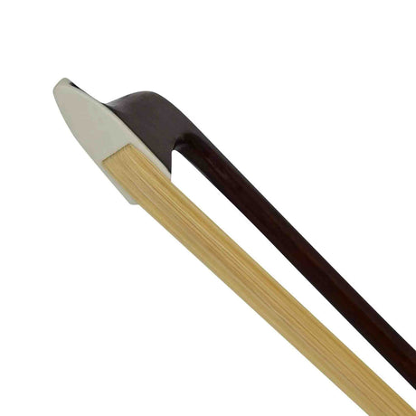 Tip of a cello bow with brown and beige design on a white background