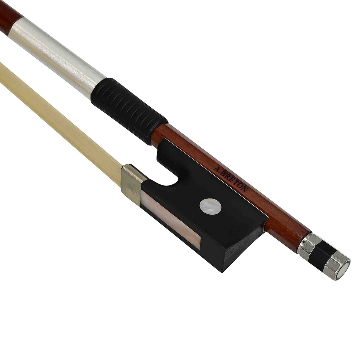 Violin bow with wooden frog and white hair on a white background